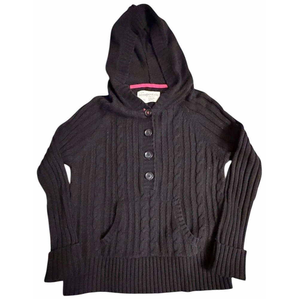 Aeropostale Y2K Cable Knit Hooded Henley Sweater XL Black